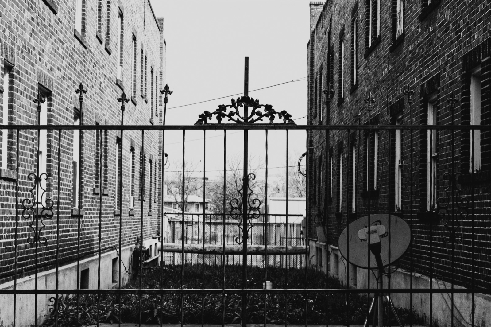 Black and white photograph of a wrought iron gate between two brick buildings, titled Gated Entertainment.